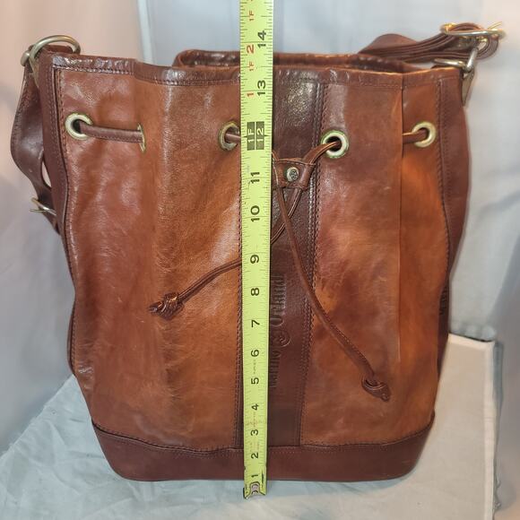 Marino Orlandi Leather Italian Bucket Bag NewBuck Cognac Drawstring Purse tartan - Picture 6 of 12